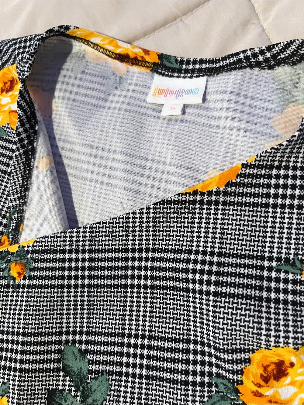 LuLaRoe Black & White Plaid Tunic with Yellow Floral Accents